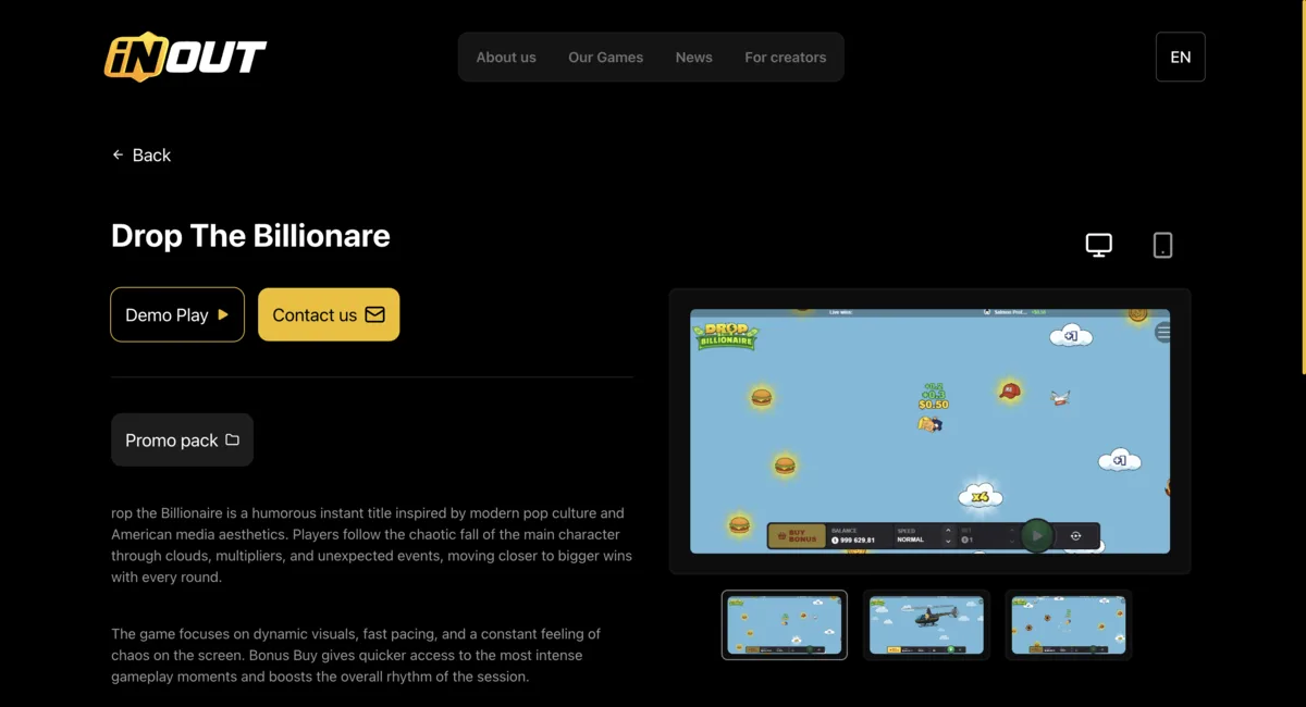 Drop The Billionare official provider page screenshot